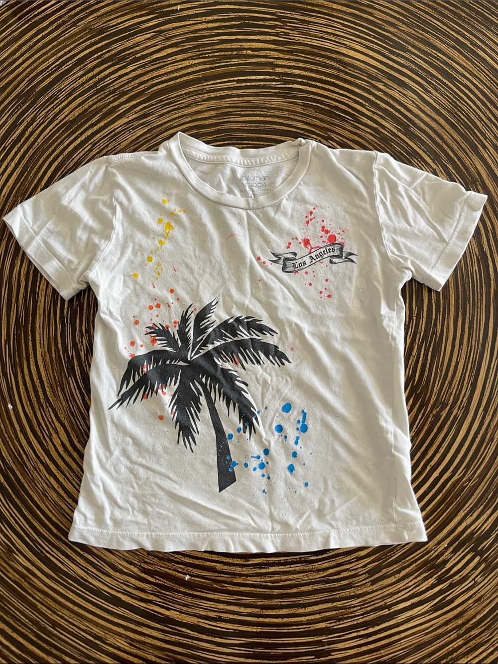 White Kids Short Sleeve Tee with Palm Tree Graphic- Flaw noted in image